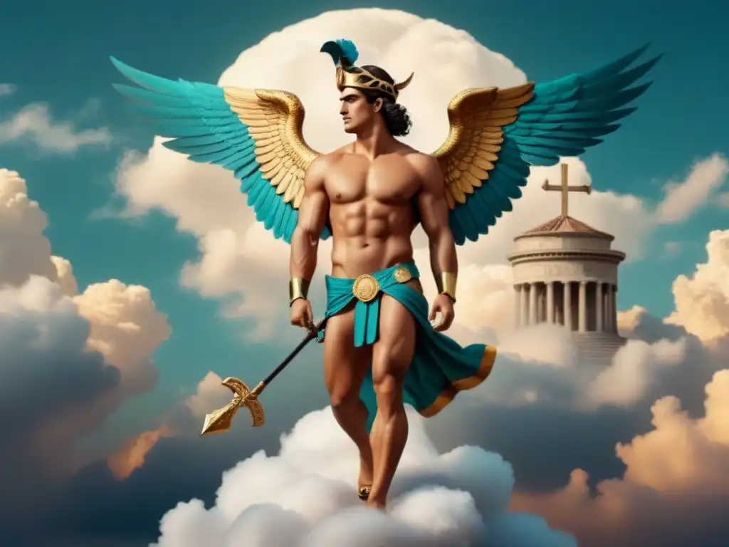 Ilustración detallada del dios griego Hermes, mensajero de los dioses, con sus sandalias aladas y caduceo, en medio de nubes y arquitectura griega