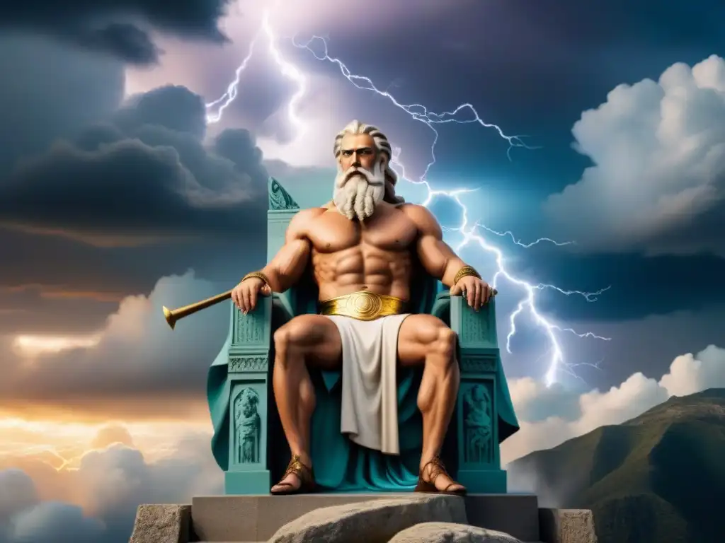 Ilustración vintage detallada en 8k del dios griego Zeus en el Monte Olimpo, rodeado de nubes y rayos