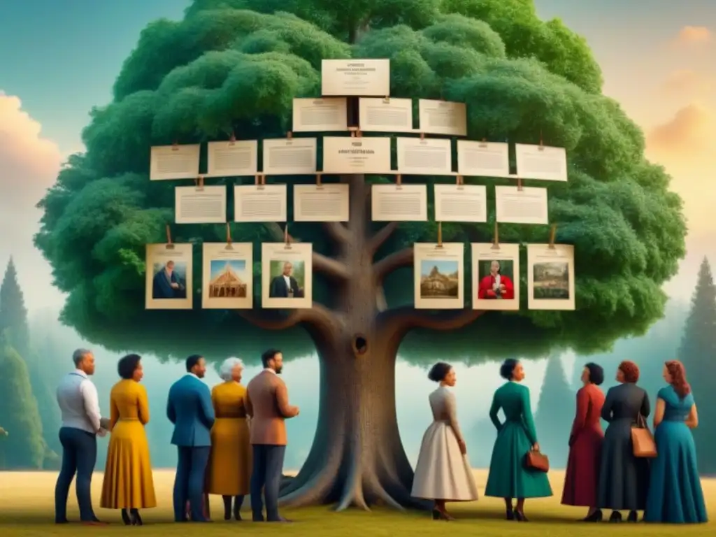 Ilustración vintage detallada en 8k de diverso grupo familiar alrededor de árbol genealógico, con documentos y burbujas de diálogo en varios idiomas