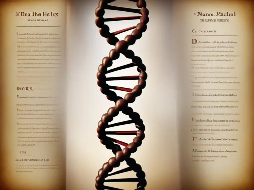 Ilustración detallada de un ADN doble hélice en tonos sepia, evocando una atmósfera antigua y académica