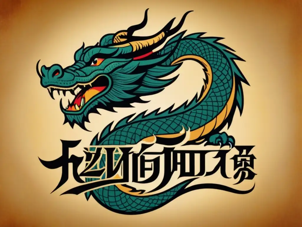 Una ilustración vintage detallada de un dragón majestuoso entre caligrafía vietnamita, mostrando el significado de apellidos vietnamitas