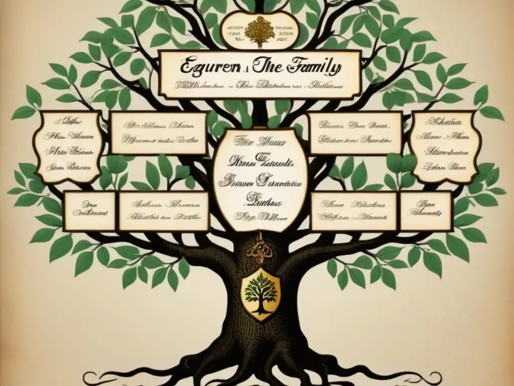 Una detallada y elegante historia de los Eguren genealogía, con árbol genealógico vintage y escudos de familia