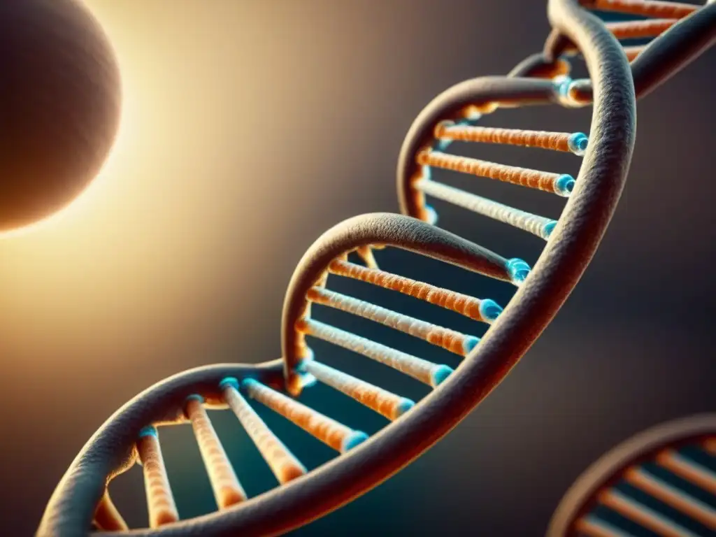 Una ilustración vintage detallada de la replicación del ADN, con elegantes hebras de ADN y complejas estructuras moleculares en tonos sepia cálido