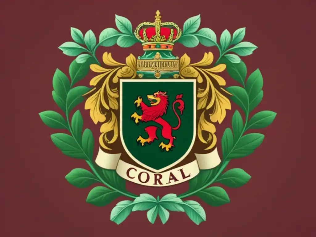 Una detallada ilustración vintage del escudo de armas del apellido Corral, con símbolos de fuerza y sabiduría en tonos de burgundy, oro y verde