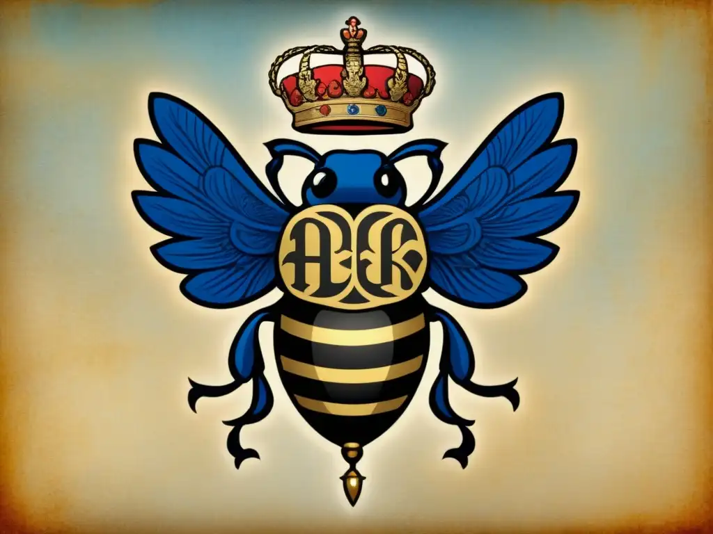 Escudo de armas de la familia Bonaparte: historia y elegancia Una detallada ilustración vintage del escudo de armas de la familia Bonaparte, con motivos dorados y colores regios sobre pergamino envejecido