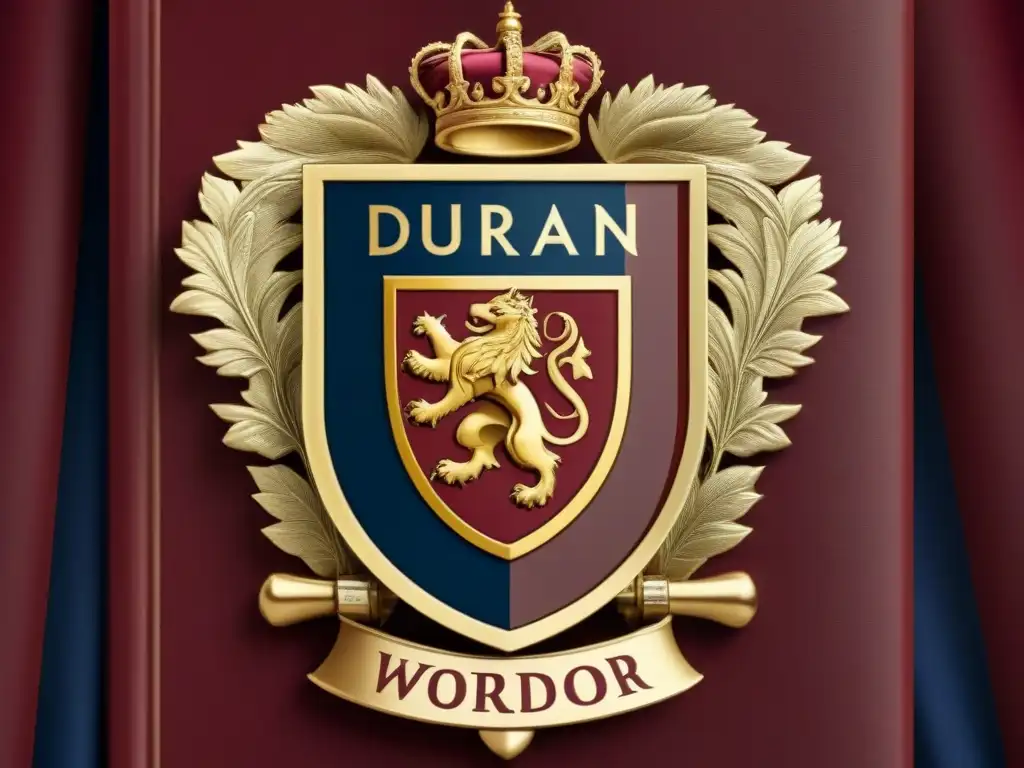 Detallada evolución del escudo de la familia Duran, desde guerrero feroz a diseño académico, en tonos de burgundy, oro y navy