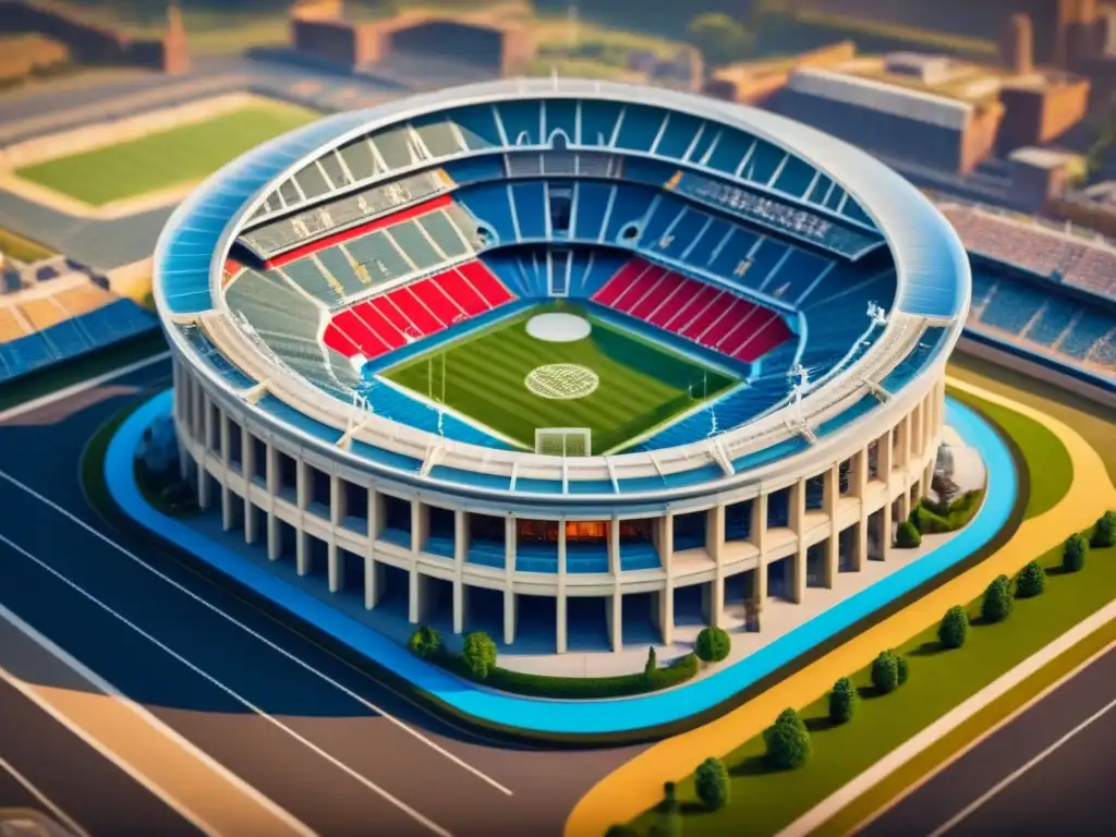 Ilustración vintage detallada en 8k de un estadio rodeado de emblemáticos lugares de entretenimiento, con diseños de la letra 'A'