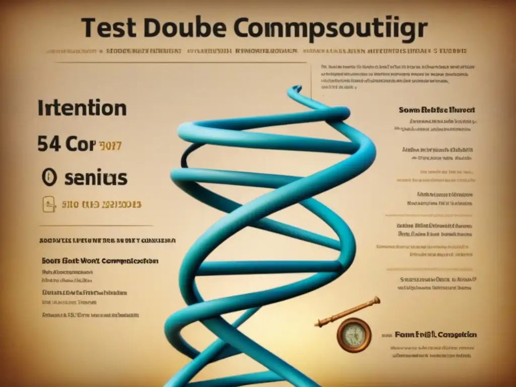 Ilustración vintage detallada de la estructura de ADN, entrelazada con instrumentos científicos en papel pergamino