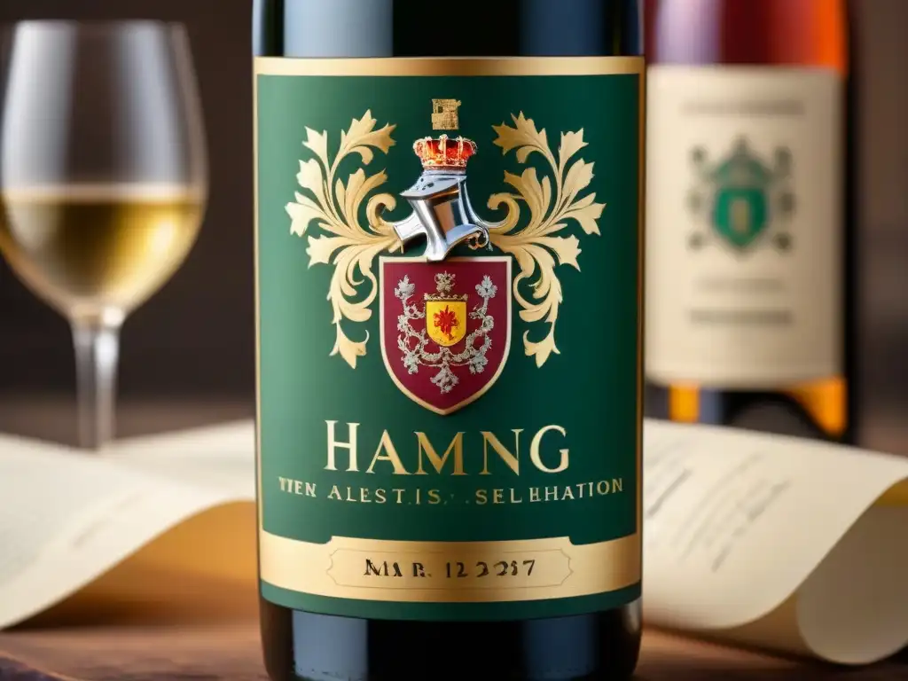 Detallada etiqueta de vino vintage con escudo familiar y símbolos heráldicos, evocando tradición