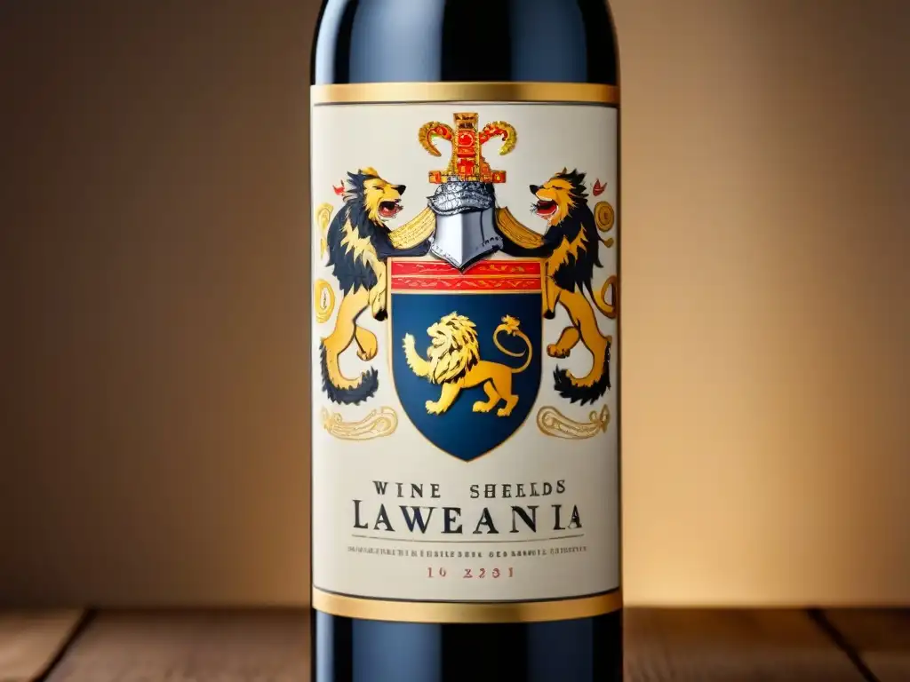 Detallada etiqueta vintage en botella de vino con escudo familiar y diseño de filigrana en papel pergamino envejecido