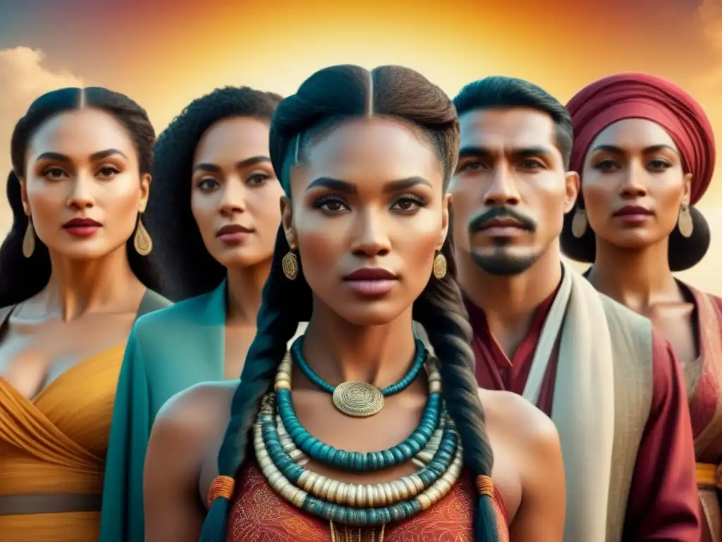 Una ilustración vintage detallada y evocadora de personas de distintas épocas y culturas unidas por ADN, representando la genealogía familiar