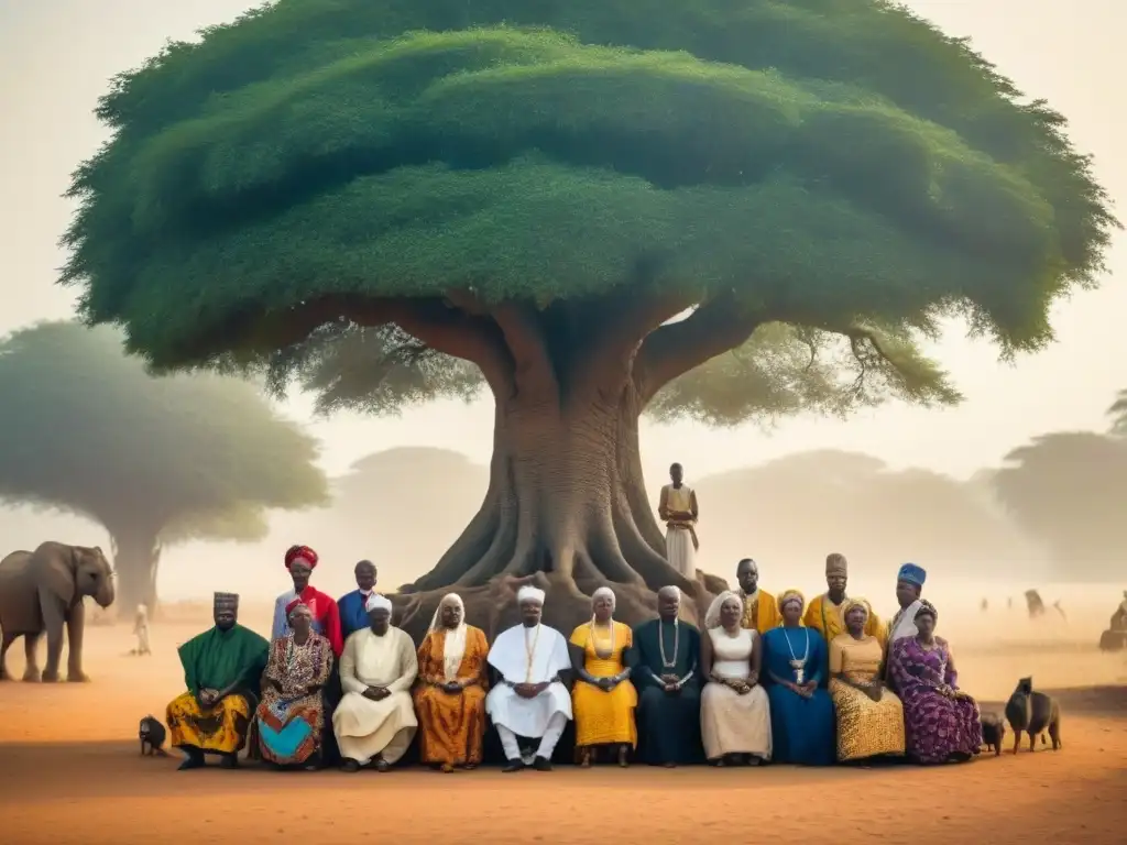 Ilustración detallada de una familia nigeriana alrededor de un árbol genealógico con símbolos religiosos