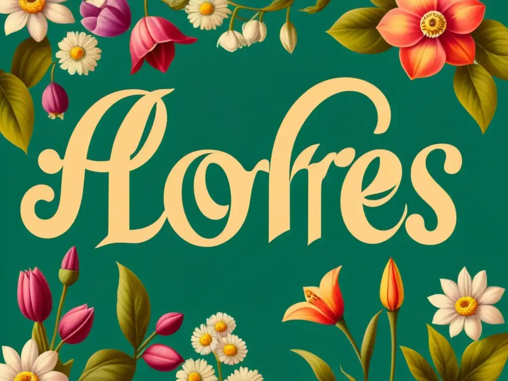 Ilustración vintage detallada de flores enlazadas con caligrafía elegante que deletrea 'Flores'