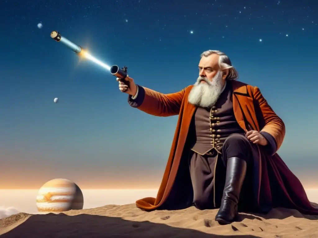 Ilustración detallada de Galileo Galilei observando las lunas de Júpiter con un telescopio, rodeado de instrumentos científicos y cuerpos celestes