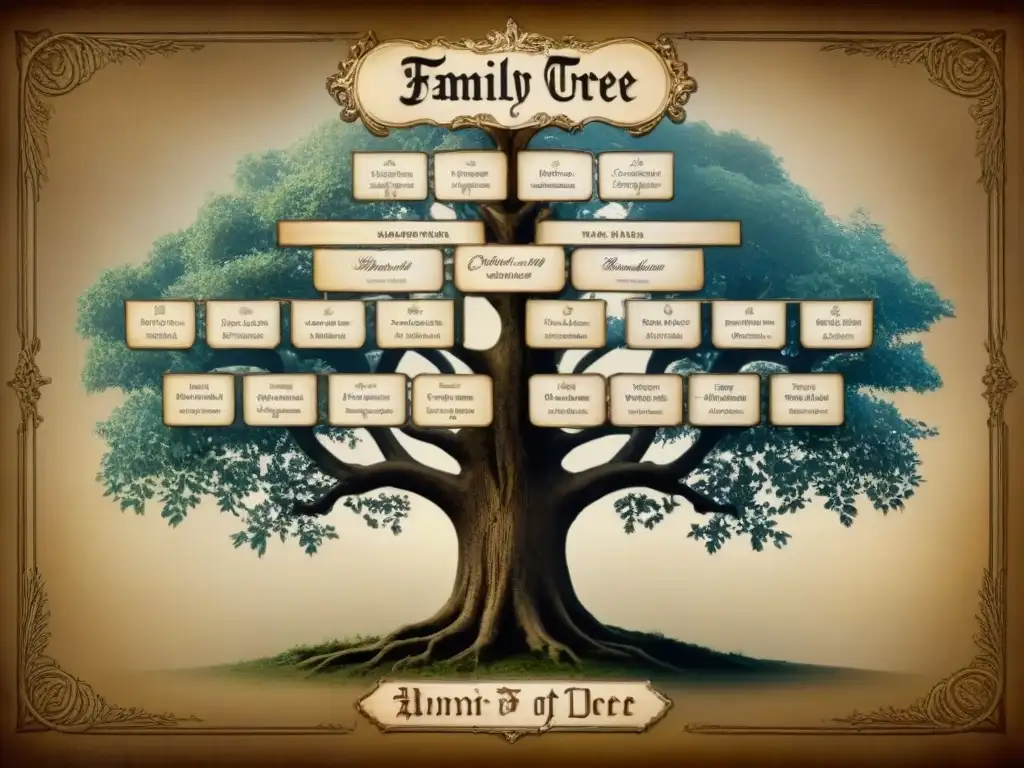 Una detallada genealogía del apellido Lugones con caligrafía, tonos sepia y bordes ornamentados, representando la historia del apellido Lugones