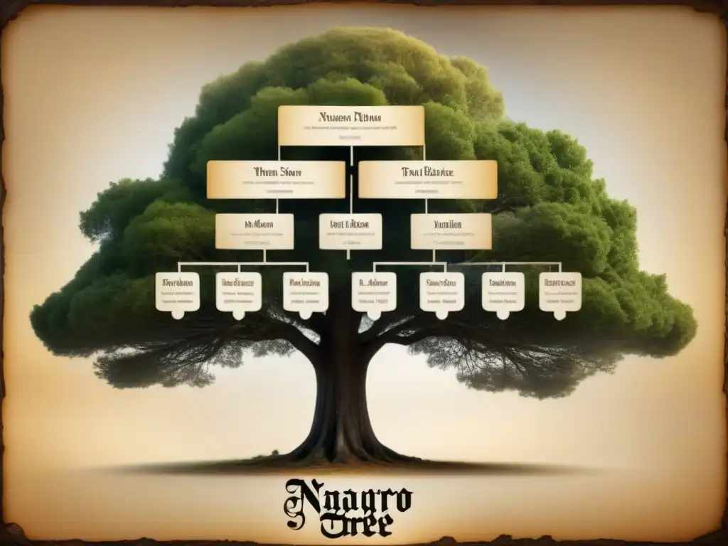 Una detallada genealogía del apellido Navarro con caligrafía, tonos sepia y paisajes ancestrales