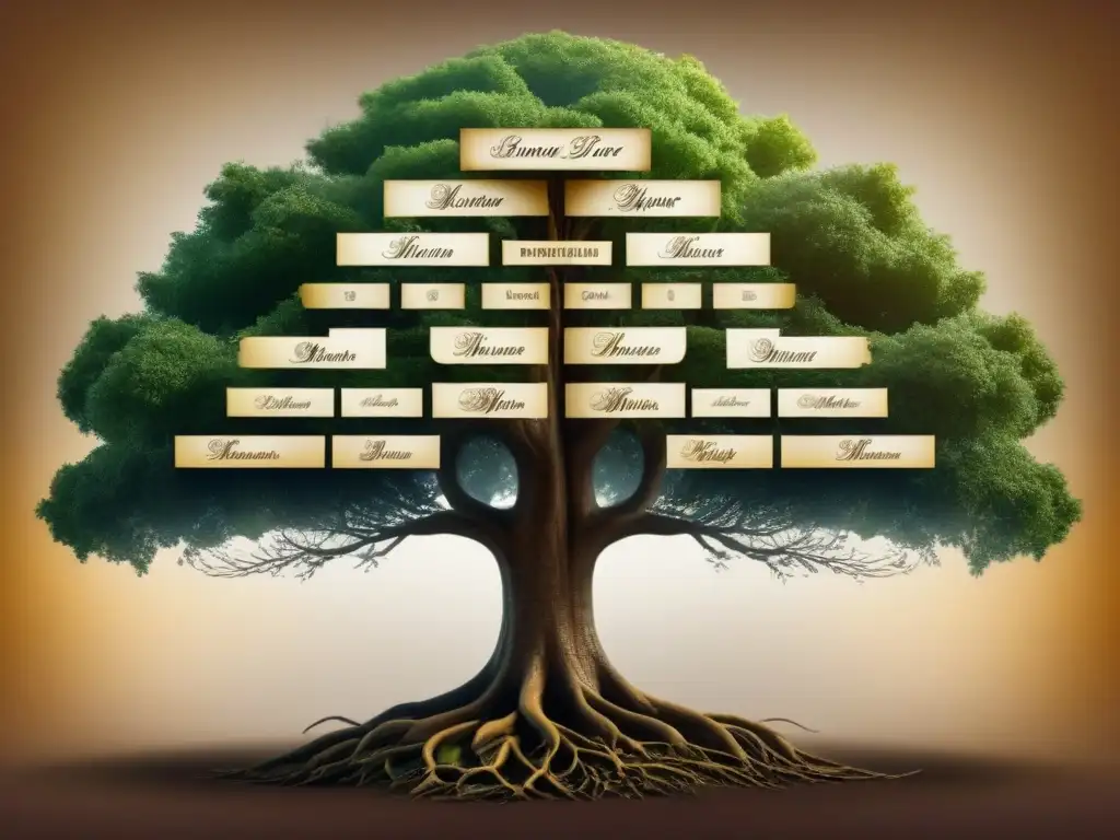 Detallada genealogía de la familia Bolívar en ilustración vintage sepia, con elegante caligrafía y ornamentos históricos