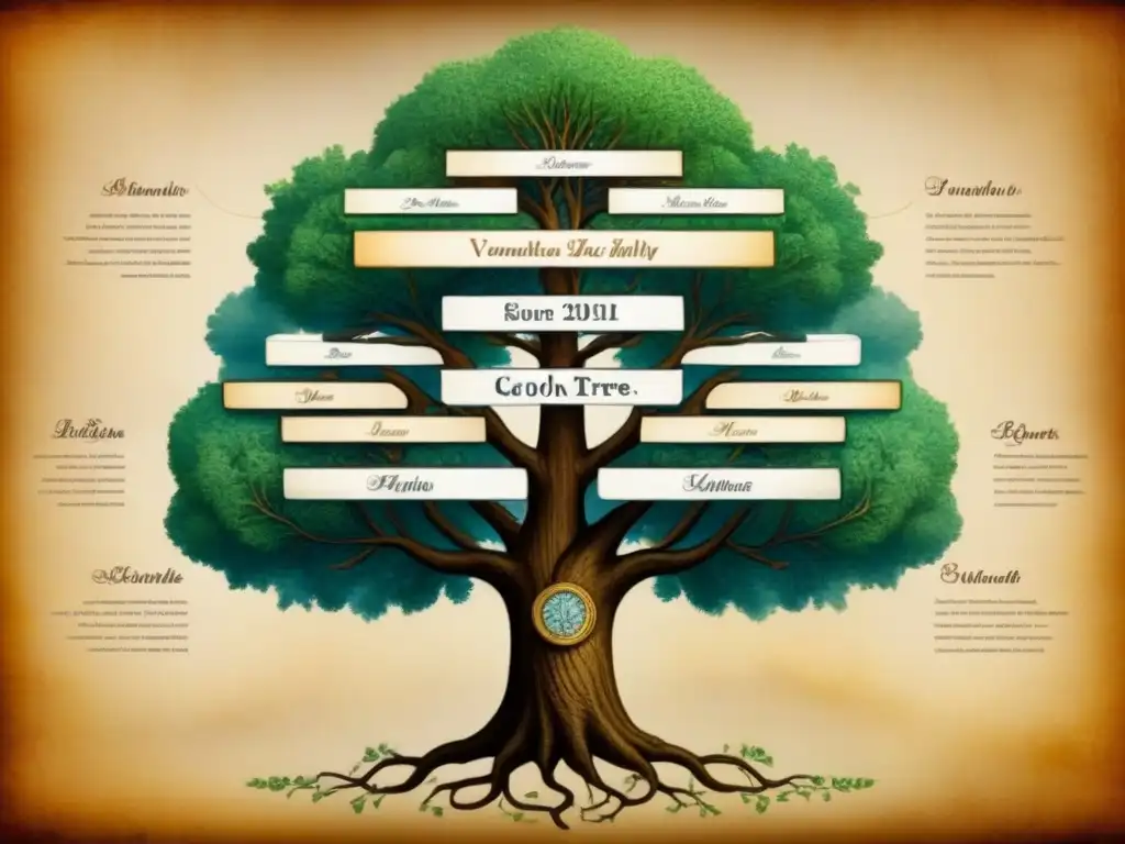 Una detallada genealogía familiar vintage en pergamino, con intrincadas conexiones y linajes