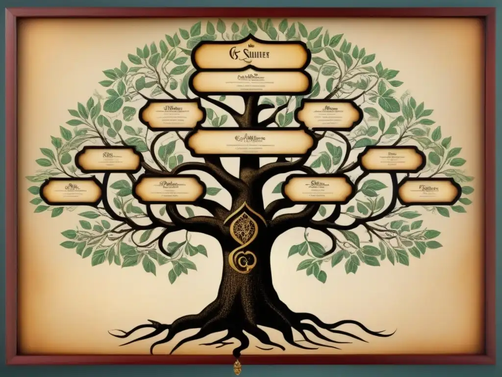 Árbol genealógico noble 'G': linajes aristocráticos detallados Una detallada genealogía vintage de apellidos nobles con G, mostrando conexiones sorprendentes entre aristocracias
