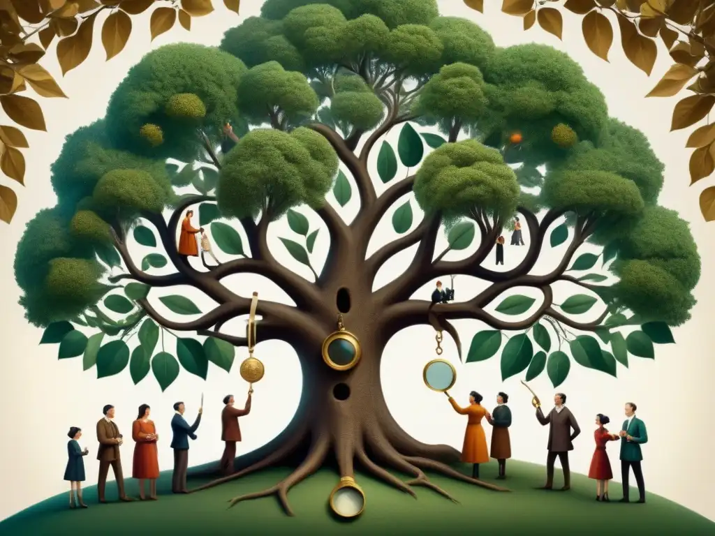 Una ilustración vintage detallada de un grupo diverso explorando un antiguo árbol genealógico