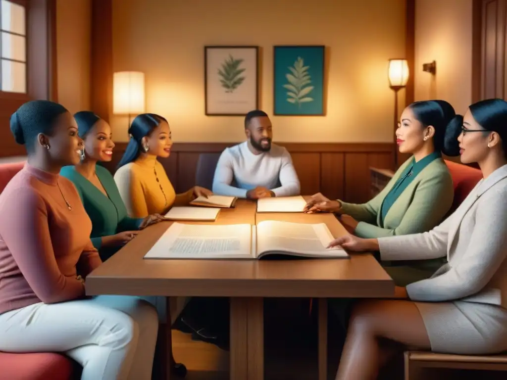 Vibrante debate fonético entre diversas culturas Una ilustración vintage detallada de un grupo diverso debatiendo sobre fonética