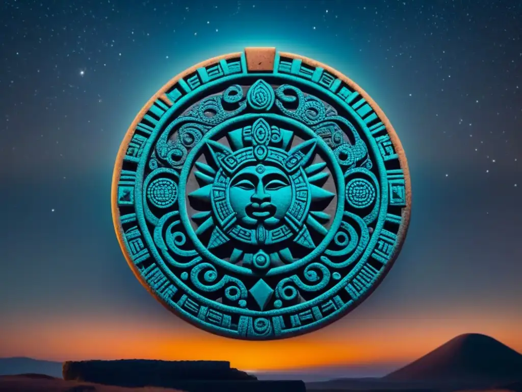 Detallada representación de la heráldica indígena, astros y naturaleza en piedra azteca