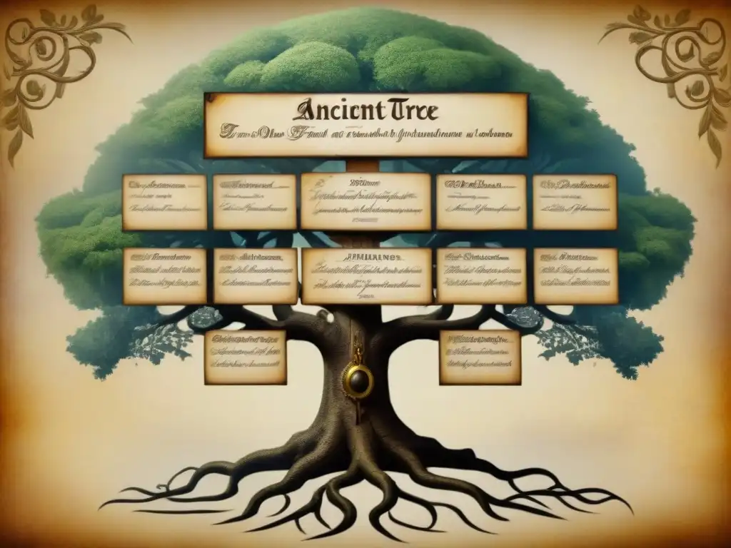 Una detallada imagen de árbol genealógico medieval mostrando historia y apellidos militares antiguos