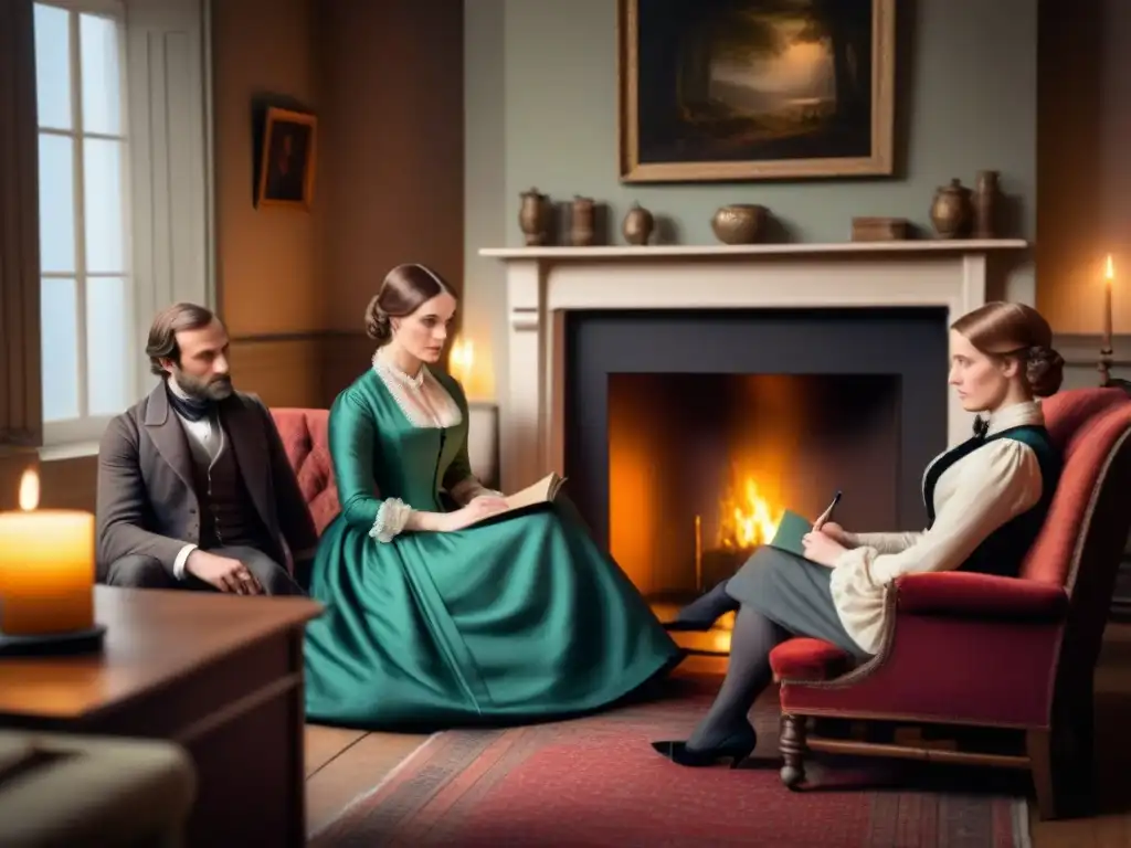 Una detallada imagen vintage en 8k de la familia Brontë en su sala, transmitiendo una atmósfera de creatividad e historia