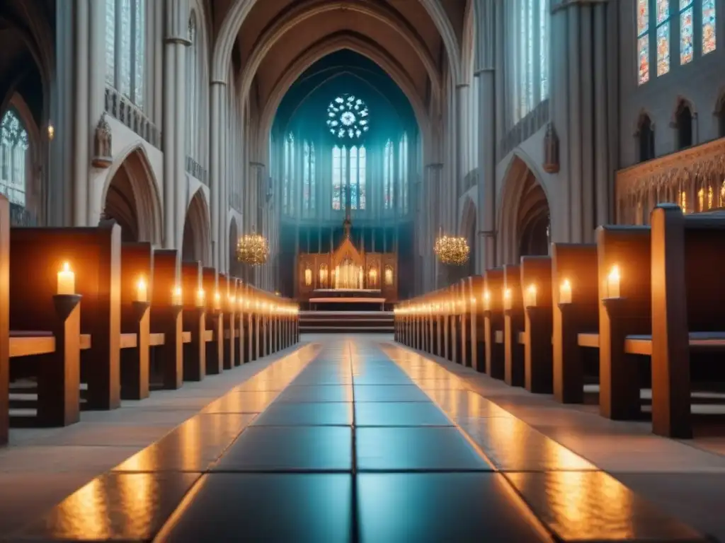 Detallada ilustración vintage en 8k de interior de catedral medieval con vitrales coloridos, bancos de madera y altar majestuoso iluminado por velas