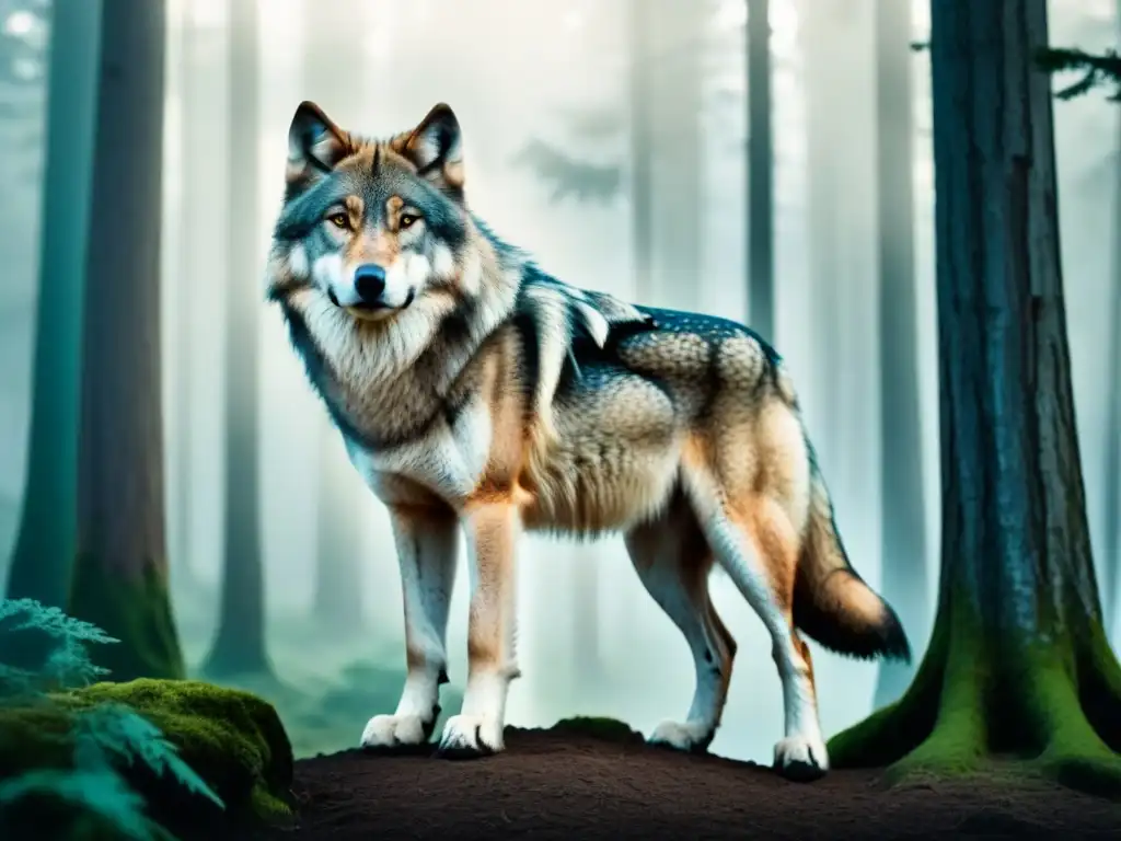 Ilustración detallada de un lobo majestuoso en un bosque, con patrones en su pelaje