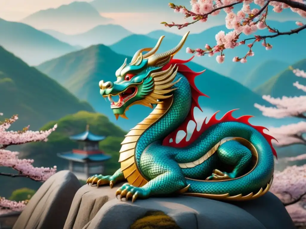 Ilustración detallada de un majestuoso dragón coreano junto a figuras en hanbok, en un paisaje de montaña con cerezos en flor