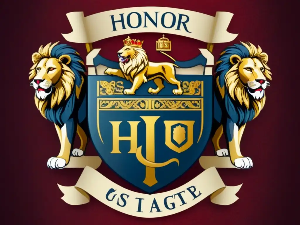 Una detallada ilustración vintage de un majestuoso escudo de armas con símbolos heráldicos en colores reales de rojo, dorado y azul marino