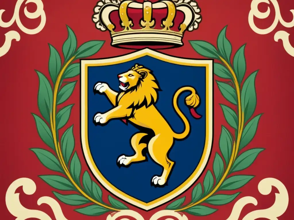 Ilustración detallada de un majestuoso león con escudo de armas y símbolos heráldicos, rodeado de laureles y ornamentos