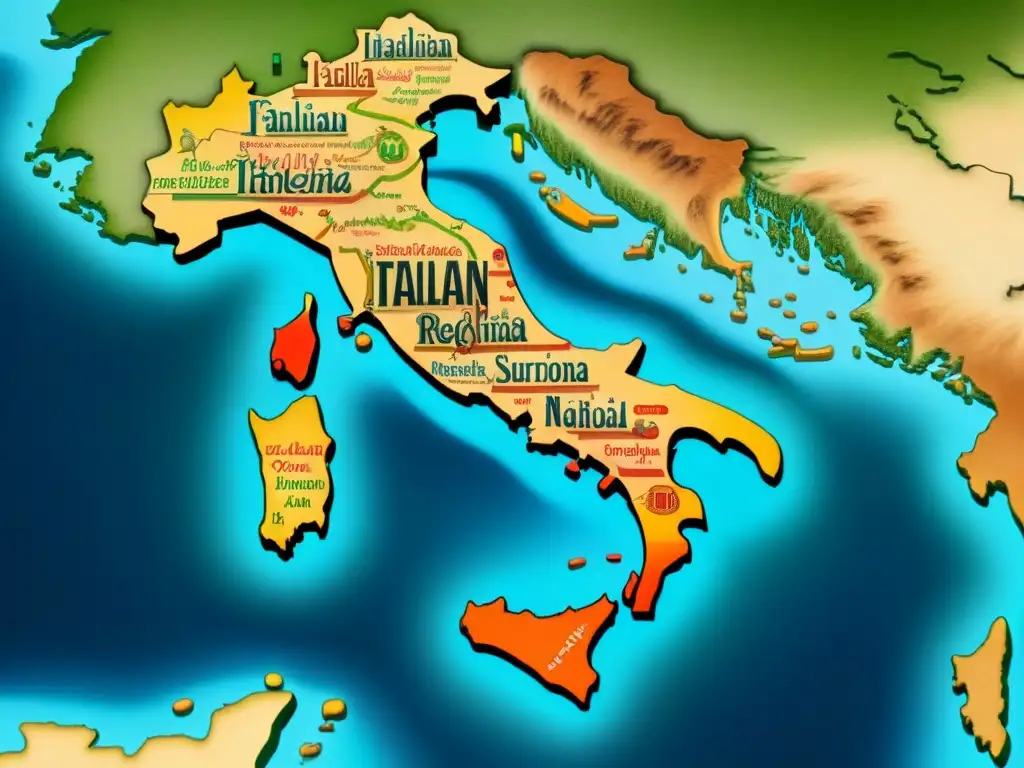 Un ilustración detallada en 8k de un mapa de Italia con apellidos italianos, historia y conexiones regionales