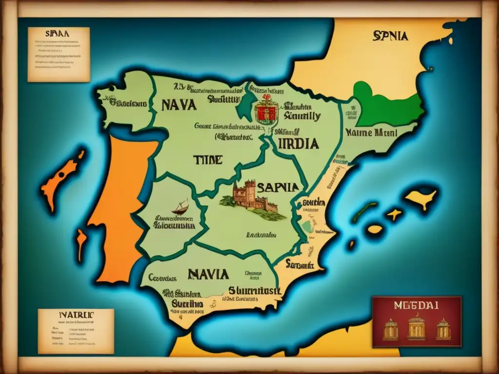 Ilustración detallada en 8k de mapa medieval de España y conexiones históricas de la familia Navarrete