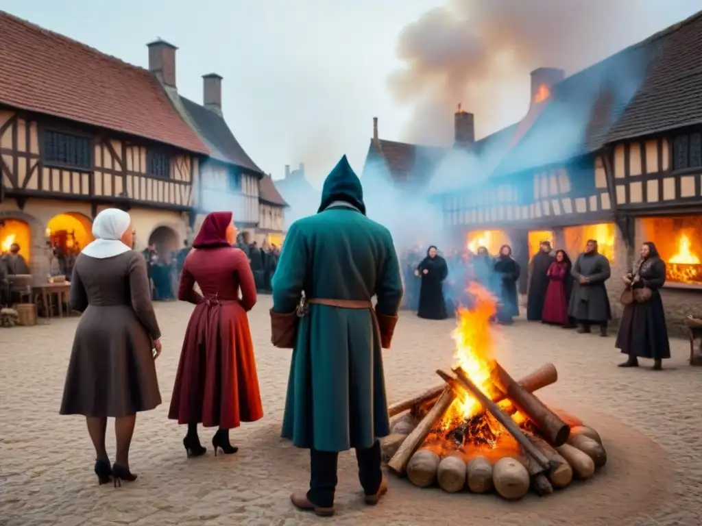 Ilustración detallada de plaza medieval en caza de brujas, reflejando miedo y tensión