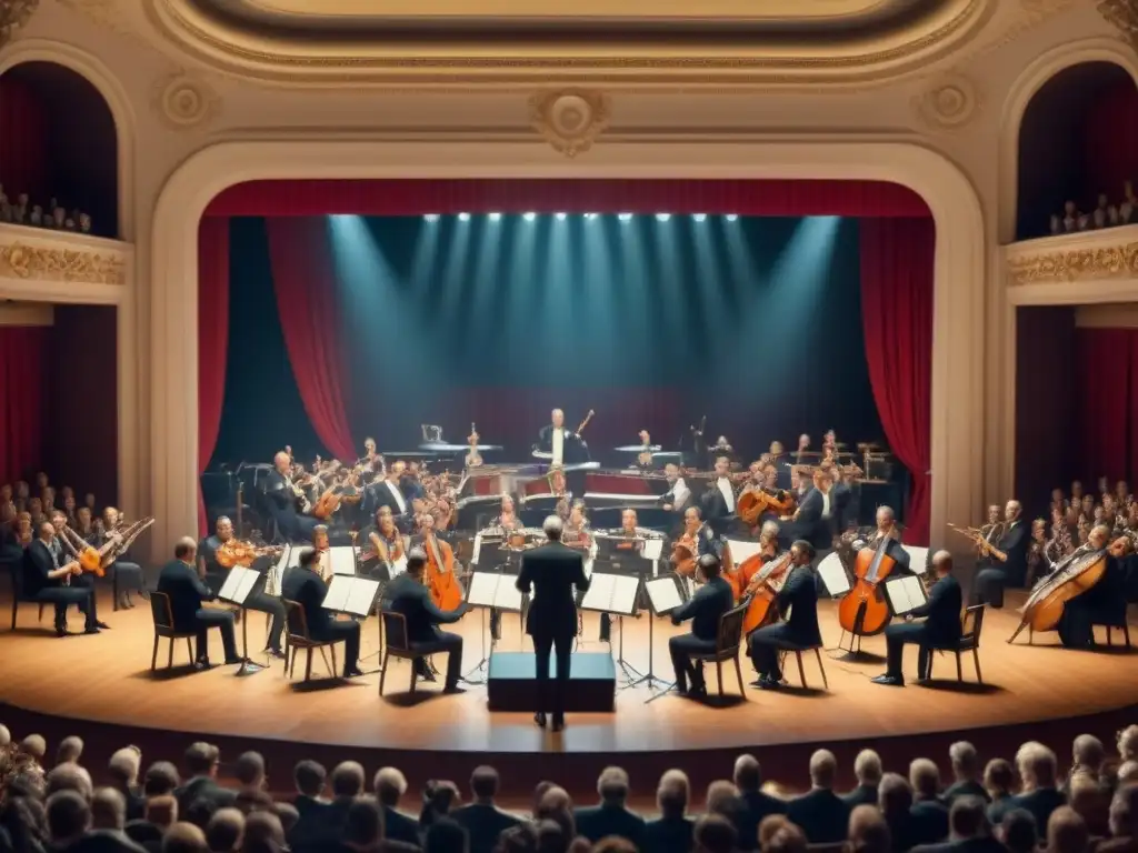 Ilustración detallada en 8k de una orquesta apasionada en un escenario decorado, en un salón clásico lleno de público diverso