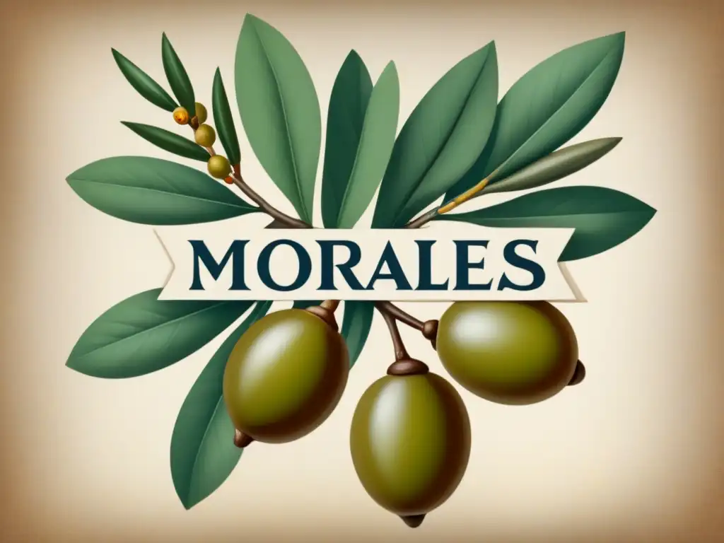 Ilustración vintage detallada de ramas entrelazadas de roble y olivo, simbolizando fuerza y paz, con el nombre 'Morales' caligrafiado en el centro