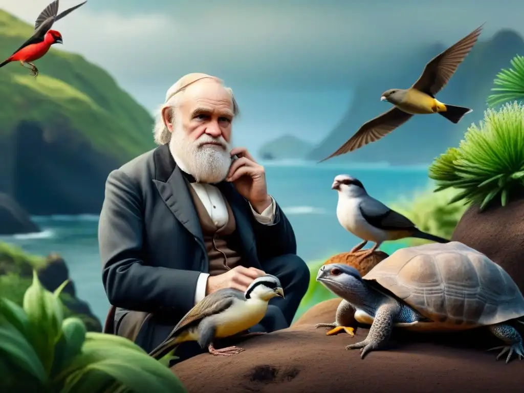 Ilustración detallada de Charles Darwin rodeado de especies que influenciaron su teoría de la evolución, en las Islas Galápagos