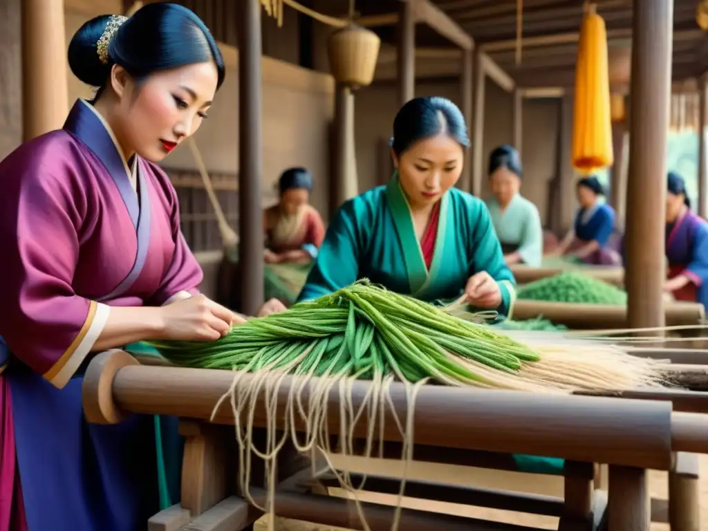 Ilustración detallada de la producción de seda en la antigua China: criadores de gusanos, hilanderas y mercaderes en bullicioso mercado