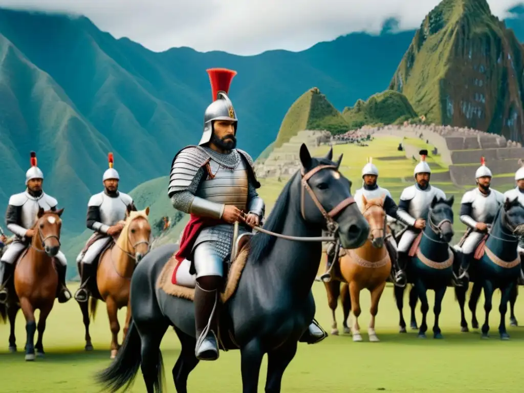 Ilustración detallada en 8k de Pizarro conquistando el Imperio Inca Ilustración detallada en 8k de Francisco Pizarro liderando sus tropas durante la conquista del Imperio Inca