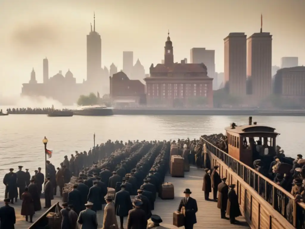 Una fotografía vintage detallada en ultradefinición de Ellis Island en el siglo XX, capturando la evolución de apellidos por la inmigración en América