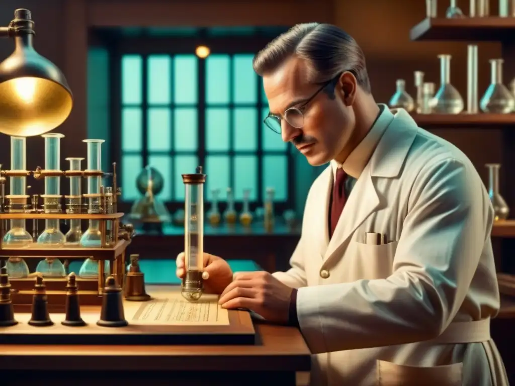 Ilustración vintage detallada de científico examinando ADN en laboratorio Ilustración detallada vintage de un científico en laboratorio examinando ADN con lupa rodeado de equipamiento científico antiguo