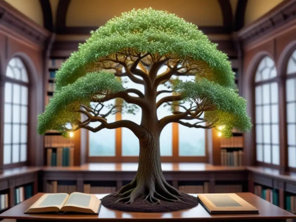 Detallado árbol genealógico en una antigua biblioteca con retratos de ancestros