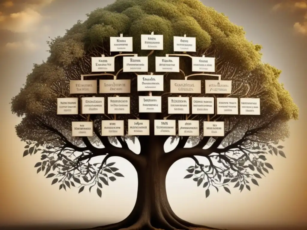 Un detallado árbol genealógico antiguo con ramas e hojas intrincadas