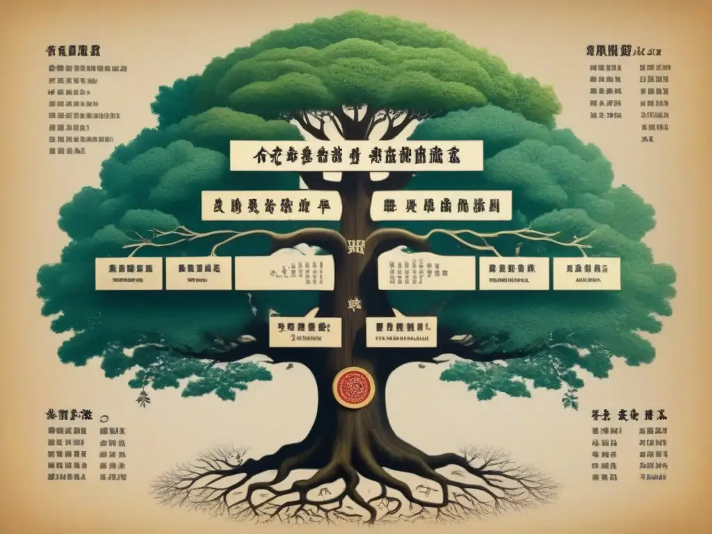 Un detallado árbol genealógico vintage muestra la evolución de apellidos asiáticos en el siglo XX