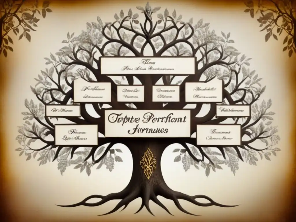 Un detallado árbol genealógico vintage muestra la evolución de apellidos antes y después de la Reforma Protestante en apellidos: impacto