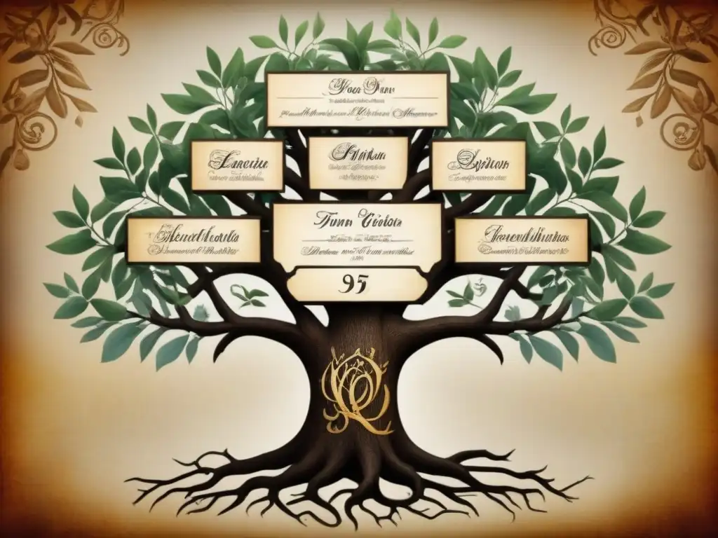 Detallado árbol genealógico con apellidos históricos de distintos países en caligrafía ornamental sobre pergamino en tonos terrosos