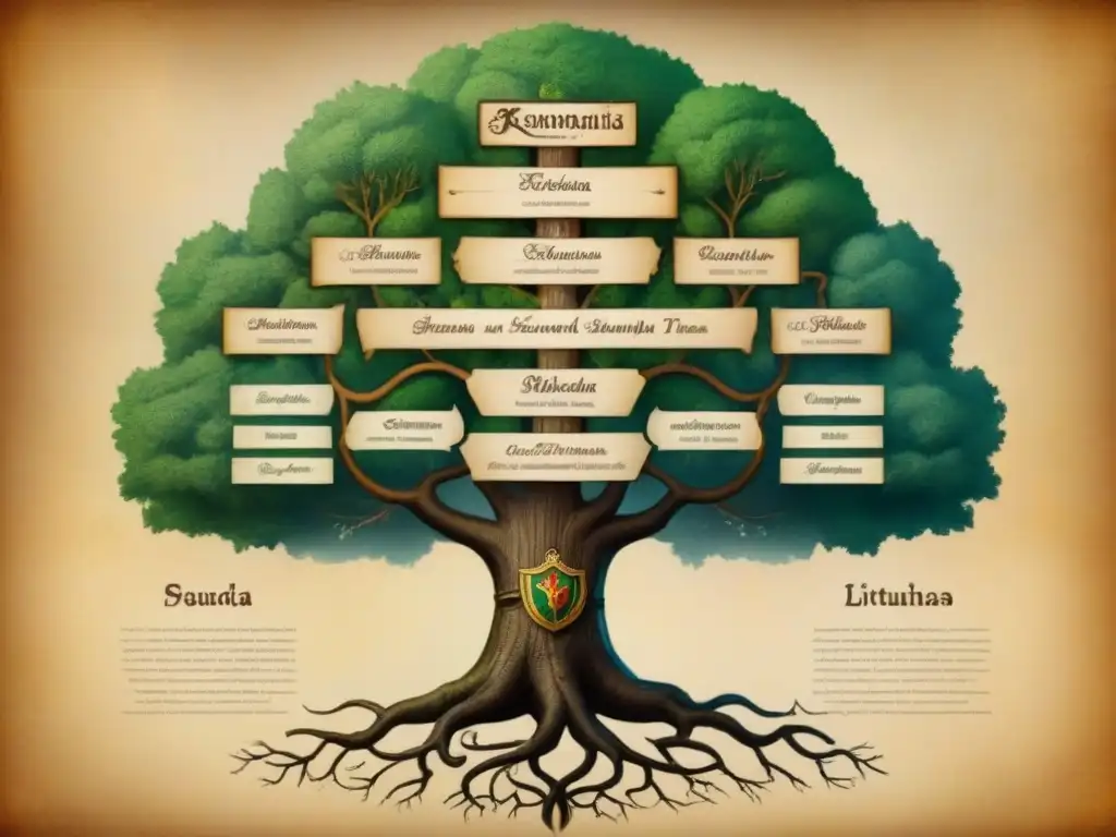 Detallado árbol genealógico de apellidos bálticos en pergamino envejecido