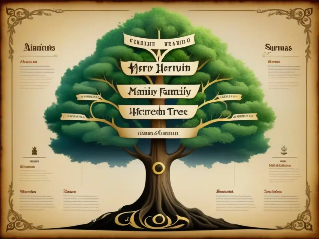 Detallado árbol genealógico de apellidos hebreos con historia y significado, caligrafía y ornamentos